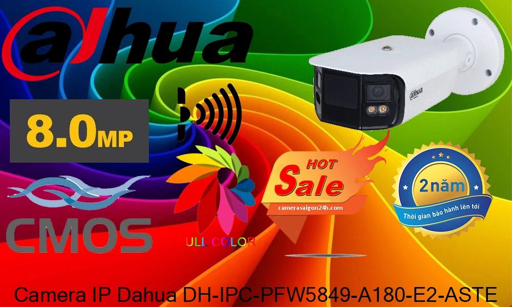 Camera IP Bullet Full Color ống kính kép toàn cảnh Dahua 2x4MP.,Cảm biến kép: 1/1.8” CMOS, Độ phân giải: 8MP (4096 x 1800)@25 fps,Hỗ trợ chức năng Bảo vệ vành đai