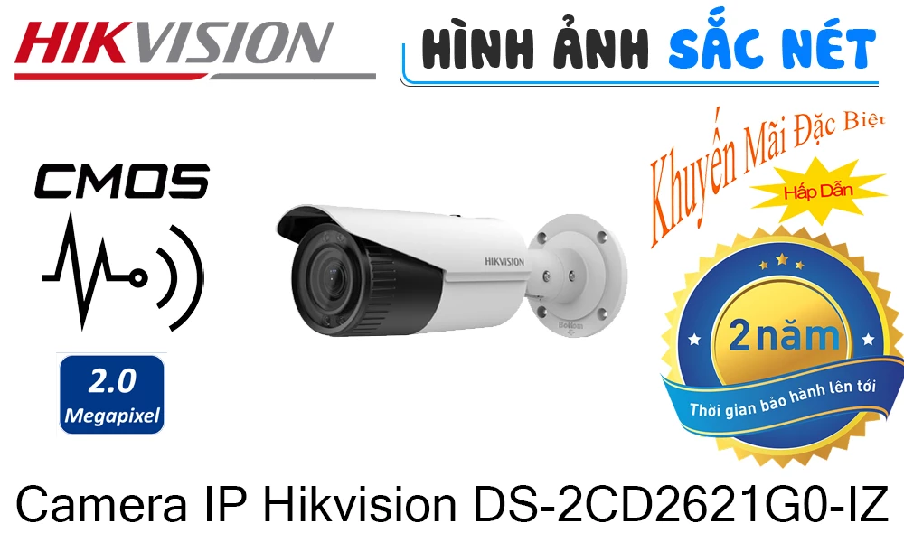 Camera IP 2MP Hikvision DS-2CD2621G0-IZ chống ngược sáng thực, Cảm biến hình ảnh: 1/2.8 inch Progressive Scan CMOS, Độ phân giải: 2.0 Megapixel, Chuẩn nén hình ảnh: H.265+, Ống kính tiêu cự thay đổi: 2.8 – 12 mm, Tầm quan sát hồng ngoại: 30 mét.
