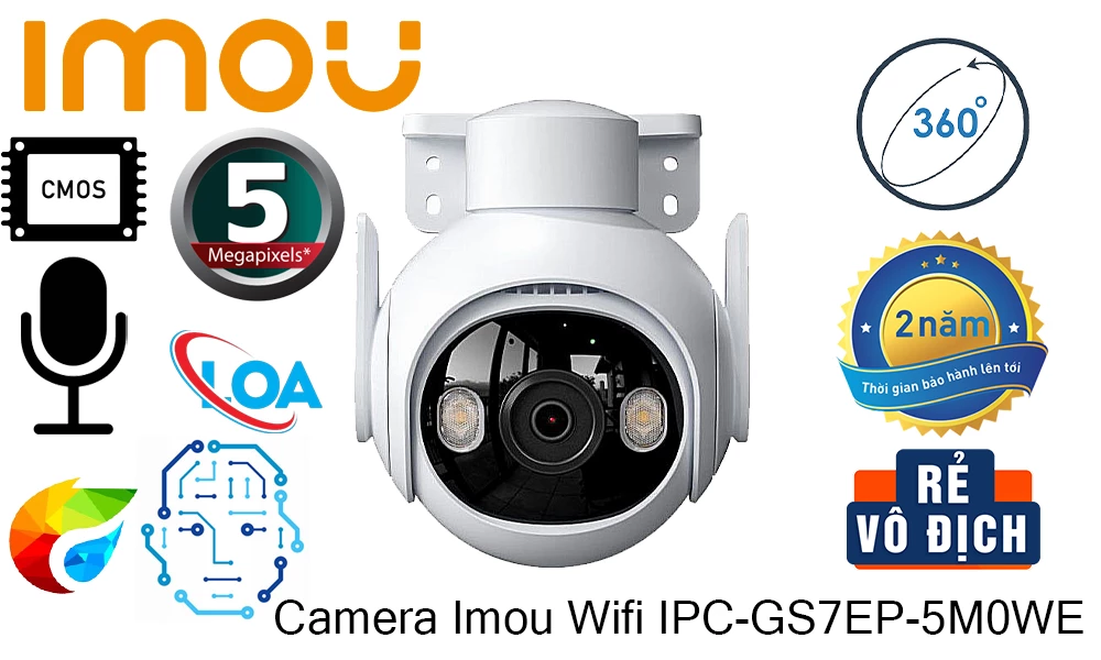Camera Wifi quay quét Full Color, Chuẩn nén,H.265, Độ phân giải 5megapixel, Chế độ ban đêm thông minh với 4 chế độ sáng.
