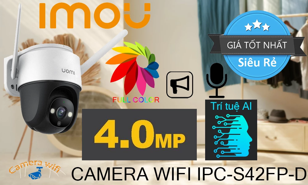 Camera không dây ngoài trời Imou IPC-S42FP-D 4MP 2K, IP66, H.265, 4 chế độ sáng, Cảnh báo chủ động: bật đèn và hú còi khi phát hiện có đối tượng xâm nhập. Tích hợp mic và loa, hỗ trợ đàm thoại 2 chiều (Full-duplex)
